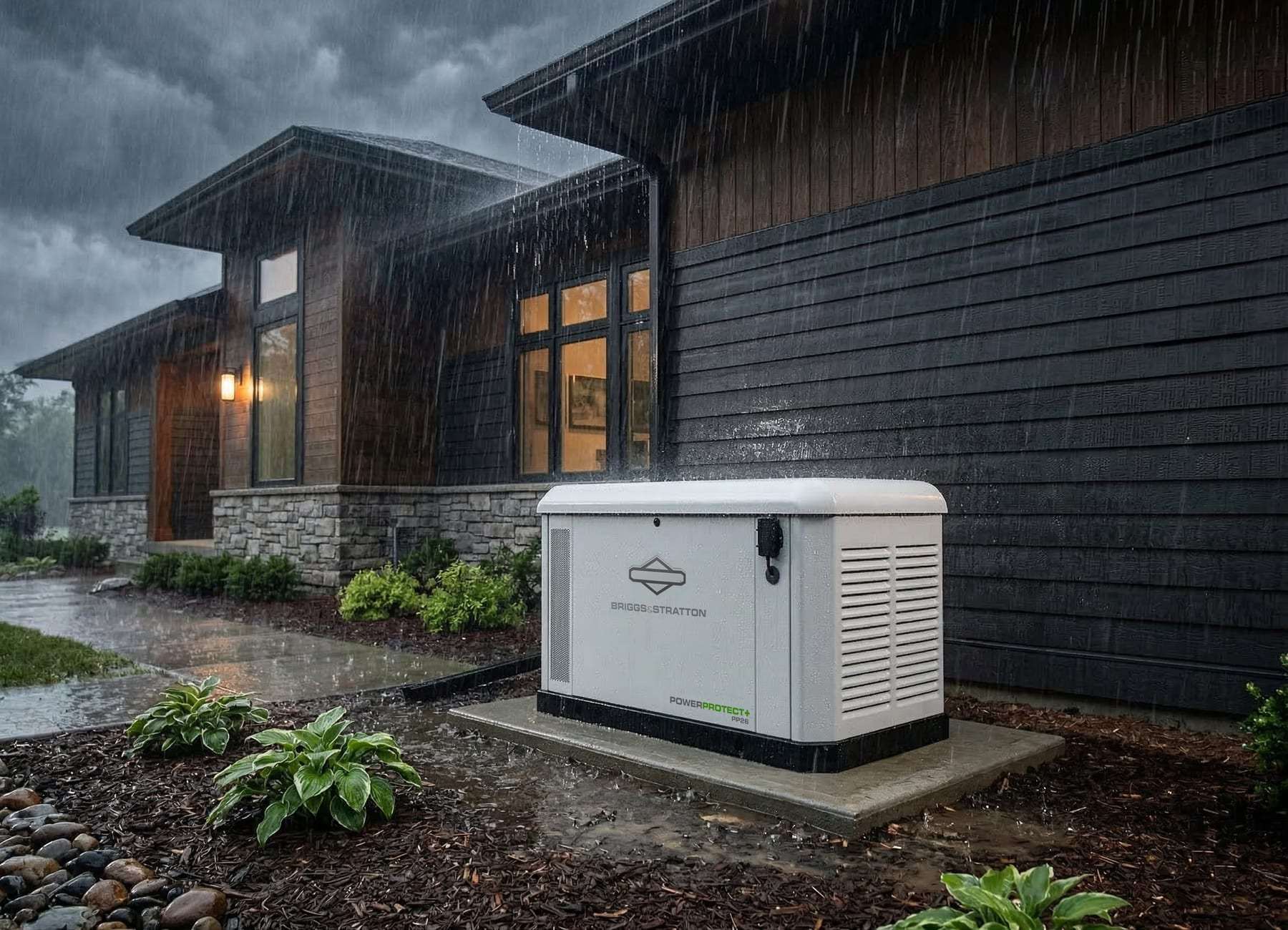 A Briggs & Stratton PowerProtect+ PP26 standby generator on a concrete pad beside a house during heavy rain, with the windows lit