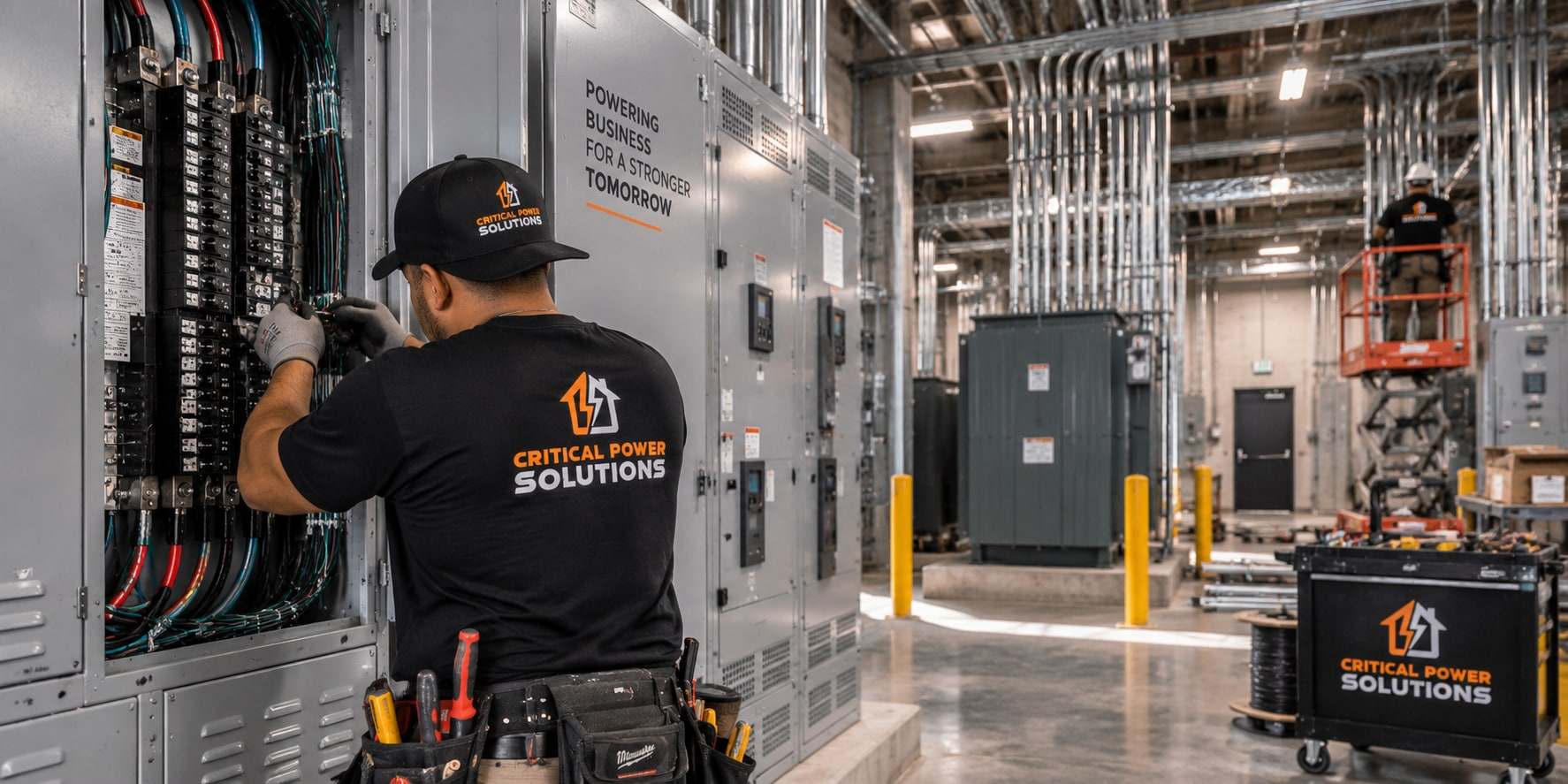 A Critical Power Solutions electrician terminating a distribution panel in a commercial switchgear lineup, a transformer and a second electrician on a scissor lift behind him. Signage on the gear reads: powering business for a stronger tomorrow.