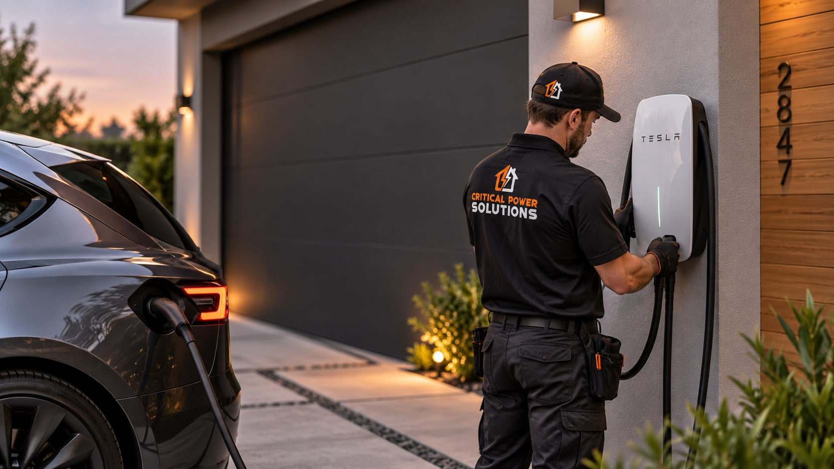A Critical Power Solutions electrician fitting a wall-mounted Level 2 EV charger beside a driveway