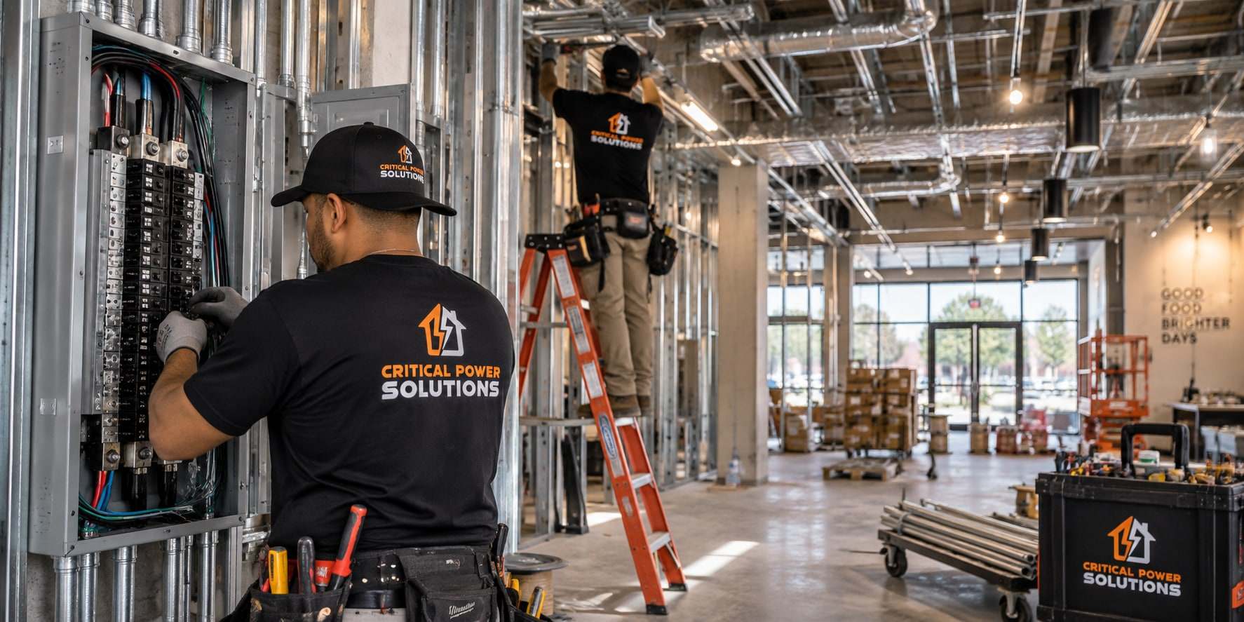 Two Critical Power Solutions electricians on a tenant finish-out — one terminating a panel in a stud wall, one running conduit from a ladder in an open ceiling